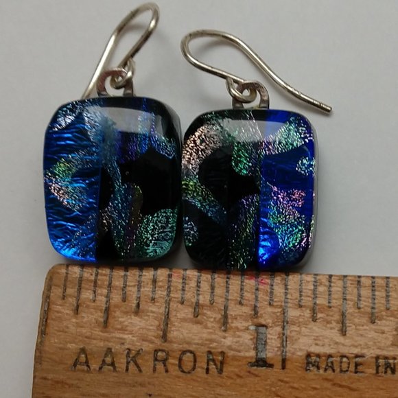 Hand Made Blue and Black Dangle Earrings With Dichroic Square Glass Beads - Picture 10 of 16
